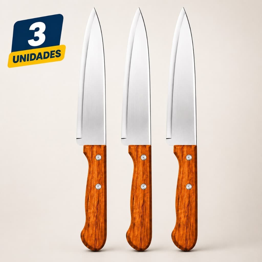 Kit 3 Facas De Cozinha 6 Polegadas 26cm Aço Inox Cabo De Madeira Profissional Churrasco Carnes