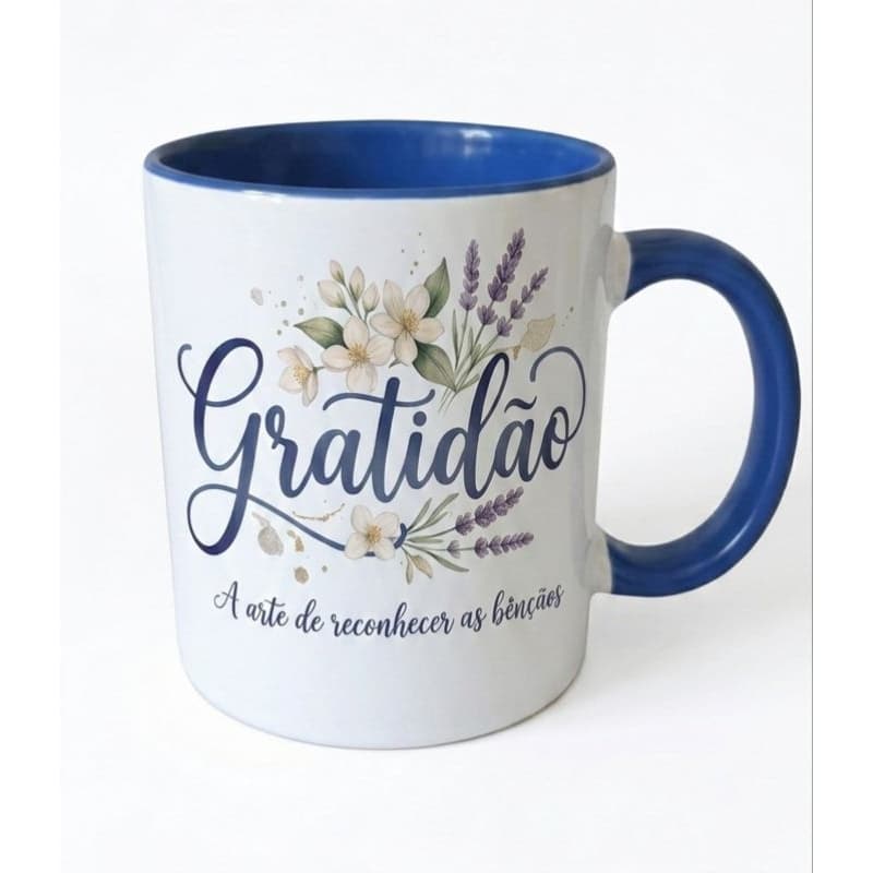 Caneca de Cerâmica Personalizada Gratidão 325ml - Presente Especial e Decorativo Alça e Interior Azul Bic