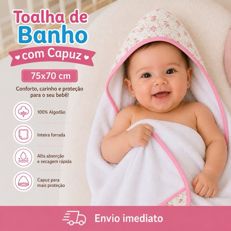 Toalha de Banho Bebê com Capuz 100% Algodão Forrada com Fralda 70x75cm Menina Menino Recem Nascido Absorvente