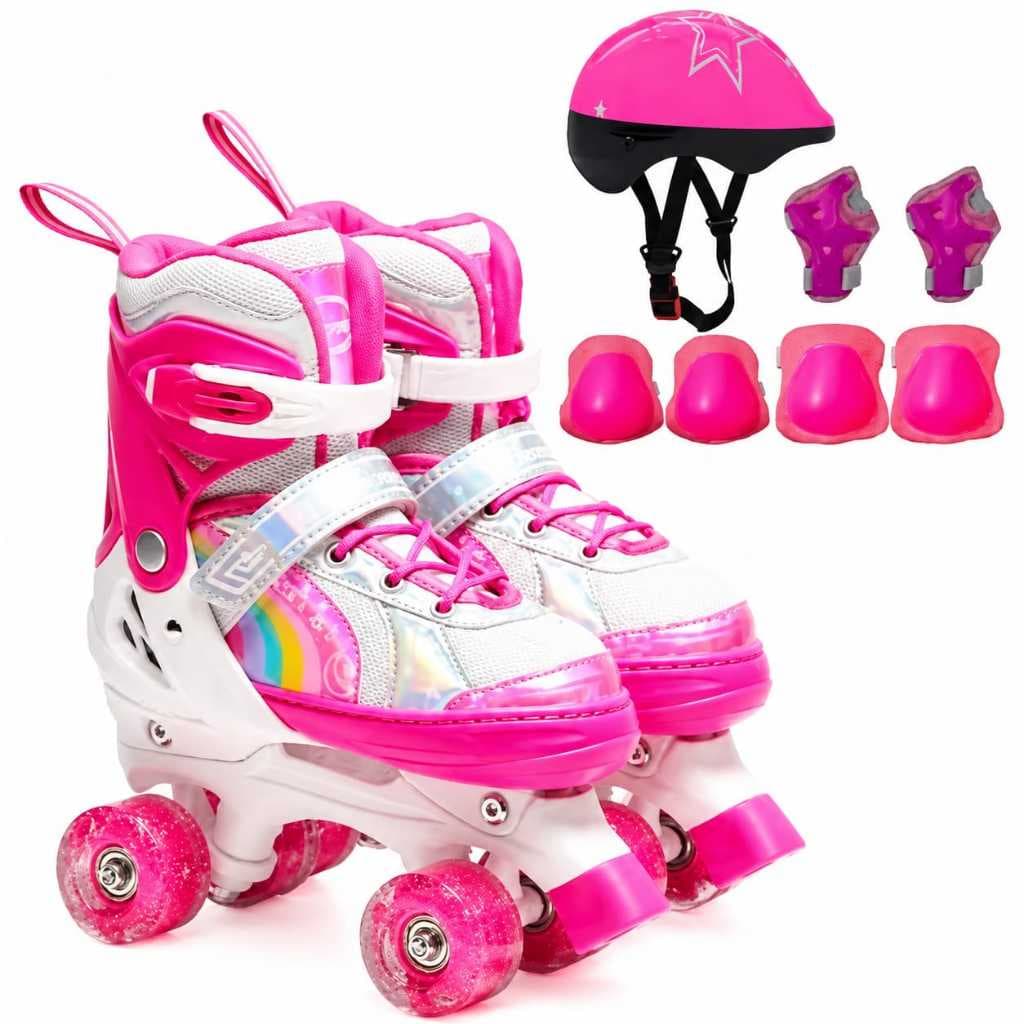Patins infantil Quad arco iris  led pink menina menino tamanho ajustavel + kit proteçao