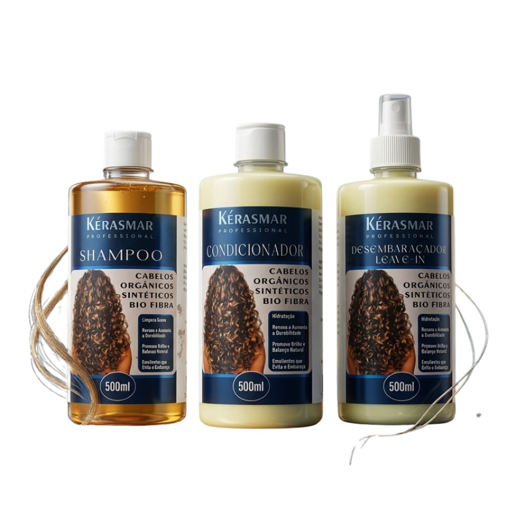 Kérasmar Shampoo, Condicionador e Desembaraçador Anti Frizz Leave-in para Cabelo Orgânico, Sintético, Bio Fibra 500ml