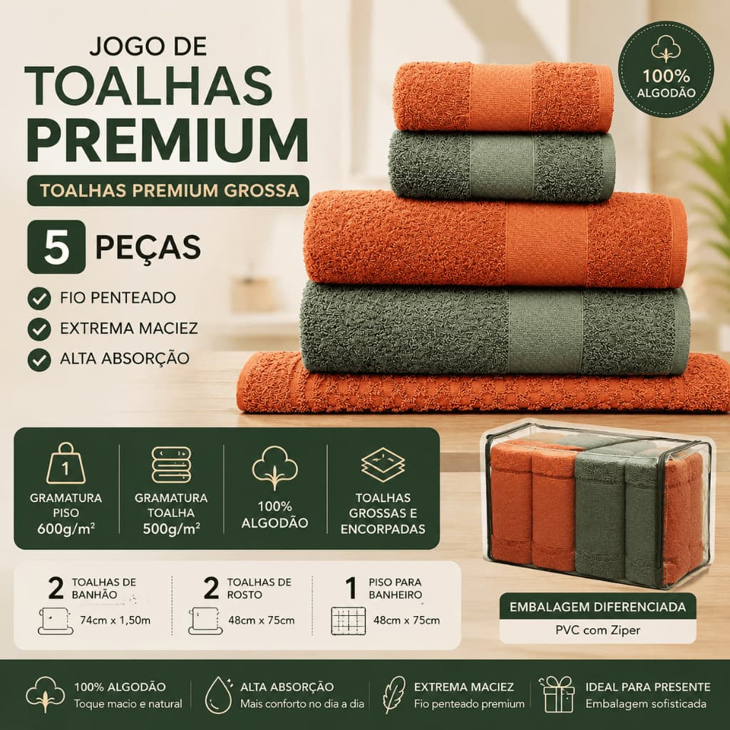 Jogo de Toalhas Gigantes 5 peças Fio Penteado 100% Algodão Premium 500g/m² - Mônaco