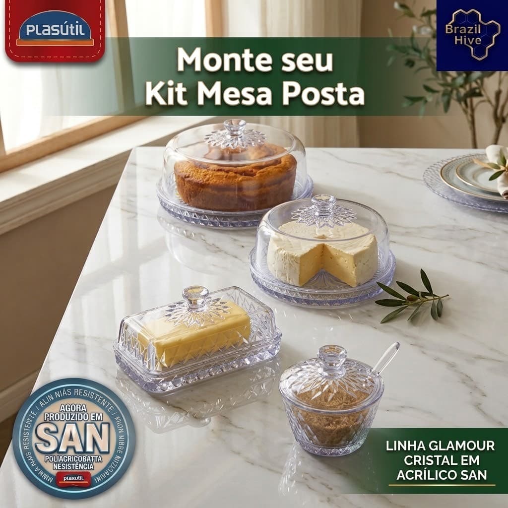 Kit Mesa Posta Boleira, Queijeira. Manteigueira, Açucareiro, Linha Glamour Incolor - Monte sua mesa