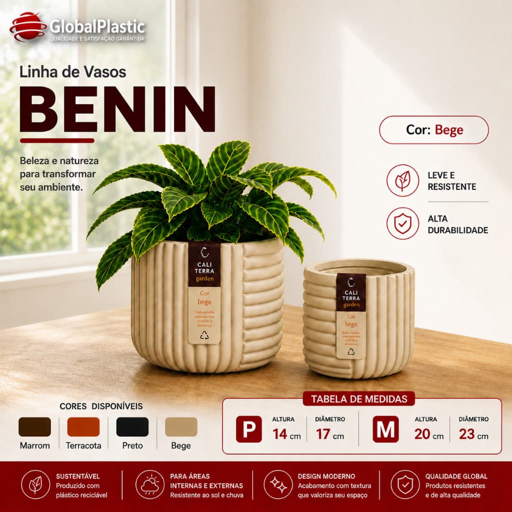 Vaso Decorativo Benin em Polietileno Cachepot para Plantas, Jardim, Sala e Varanda