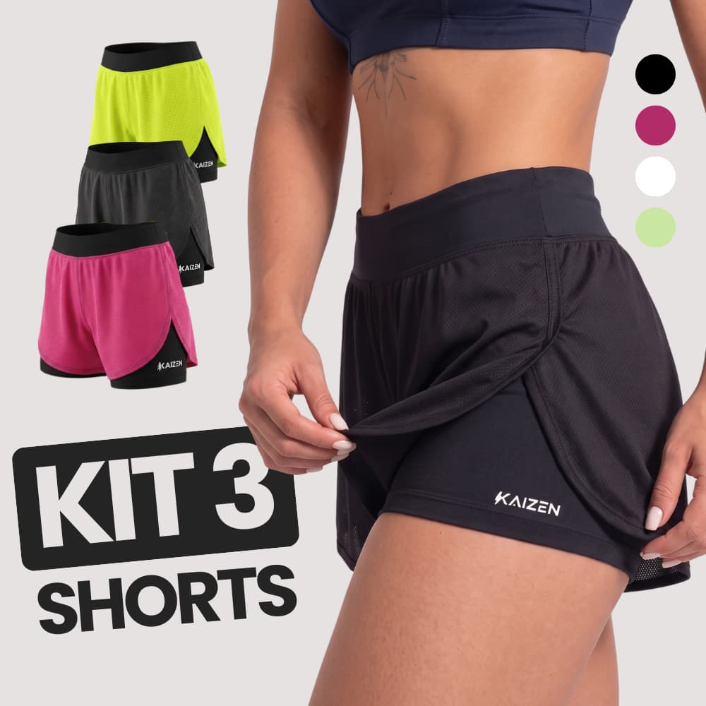 KIT 3 SHORTS FEMININO 2 EM 1 ACADEMIA  C/ Bolso Porta Celular Kaizen dry fit ideal treinar academia