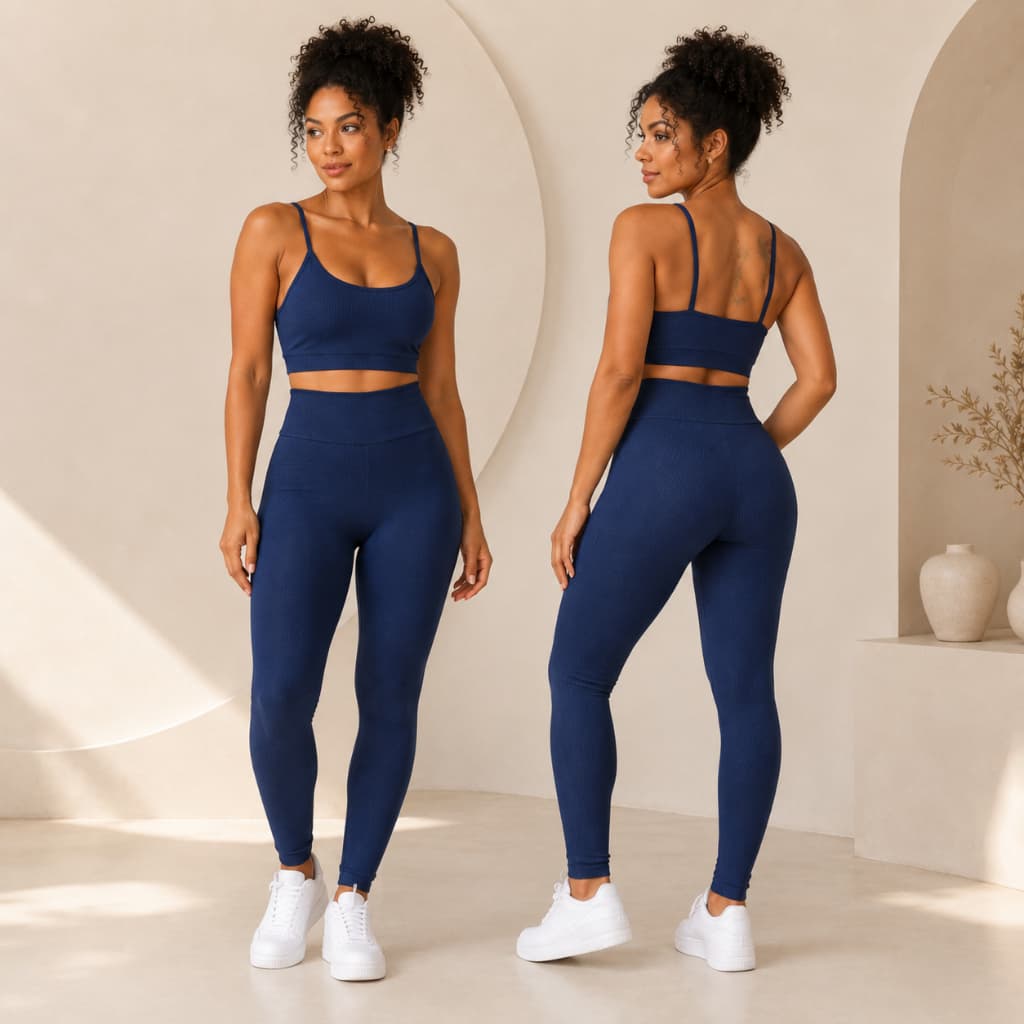 Conjunto Fitness Azul Marinho Top e Calça Legging Feminino Para Academia