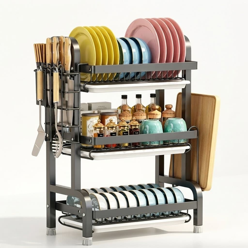 Escorredor de Louças 3 Níveis 53cm Preto Aço Carbono com Bandeja Plástica Organizador de Cozinha