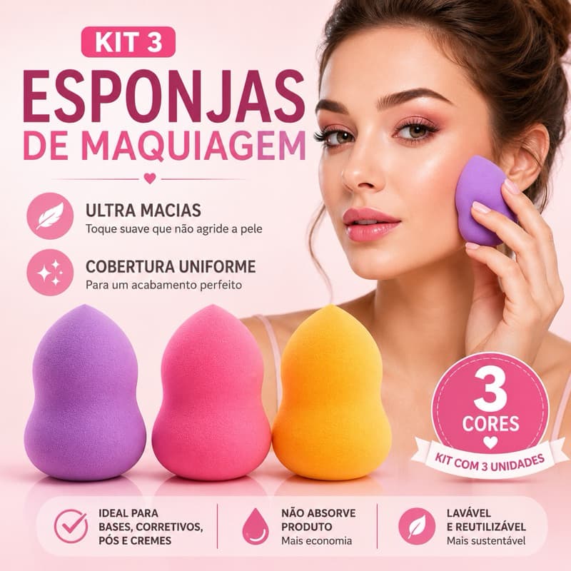 Kit 3 Esponjas de Maquiagem – Cores Variadas | Uso Seco ou Úmido