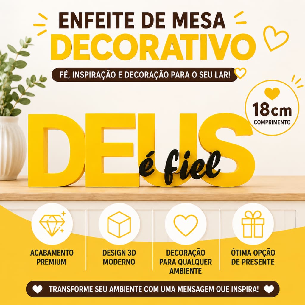 Enfeite De Mesa Decorativo Deus É Fiel - Escultura 3D Premium Amarela 18cm