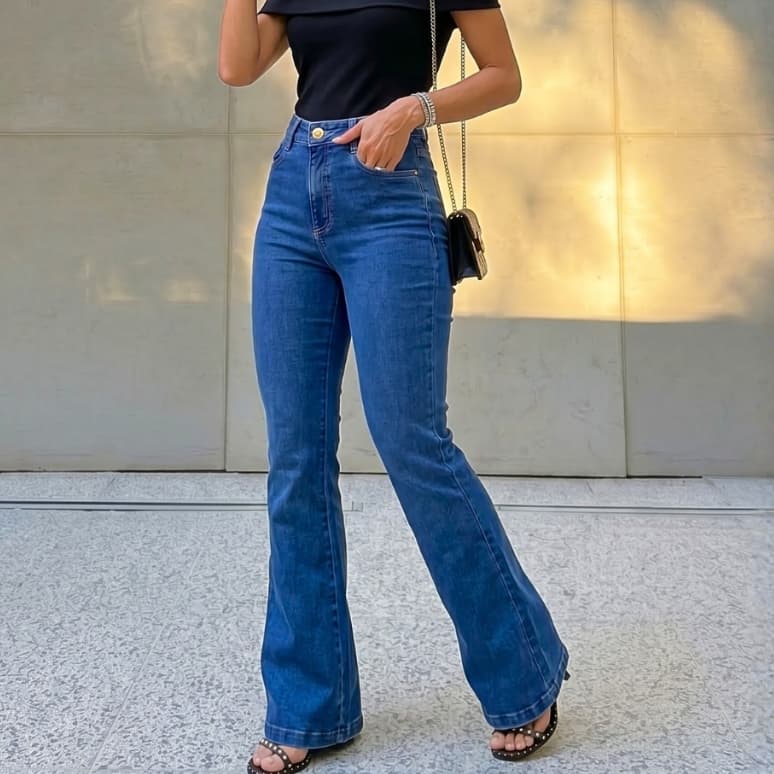 Calça Flare Feminina Jeans Boca de Sino Modelagem Levanta Bumbum Cintura Alta Lycra Elastano Premium