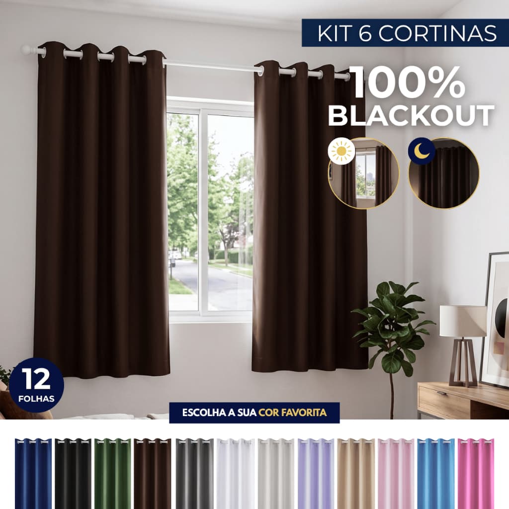 Kit 6 Cortina Blackout PVC 2,2x1,3m Vedação Total Luz E Calor Quarto Sala Varão Várias Cores