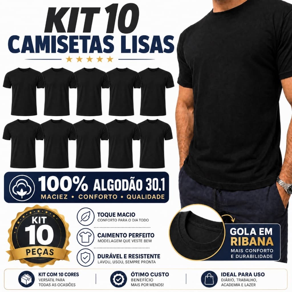 Kit 10 Camisetas Lisas 100% Algodão 30.1 Gola em Ribana  – Uniforme