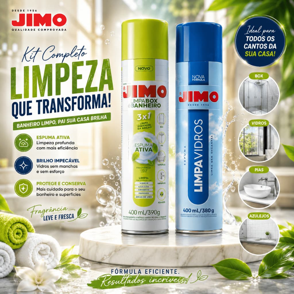 Limpa Vidros Jimo 400ml + Limpa Box e Banheiro Jimo 400ml Kit Espuma Ativa Spray Blindex Espelho Azulejo Box Encardido