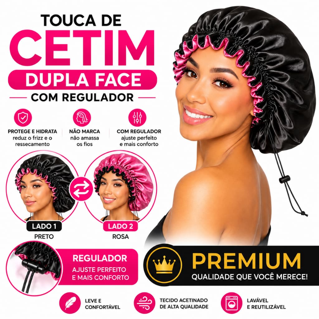 Touca De Cetim Anti Frizz Dupla Face Regulável Confortável Para Dormir Não Marca os Fios