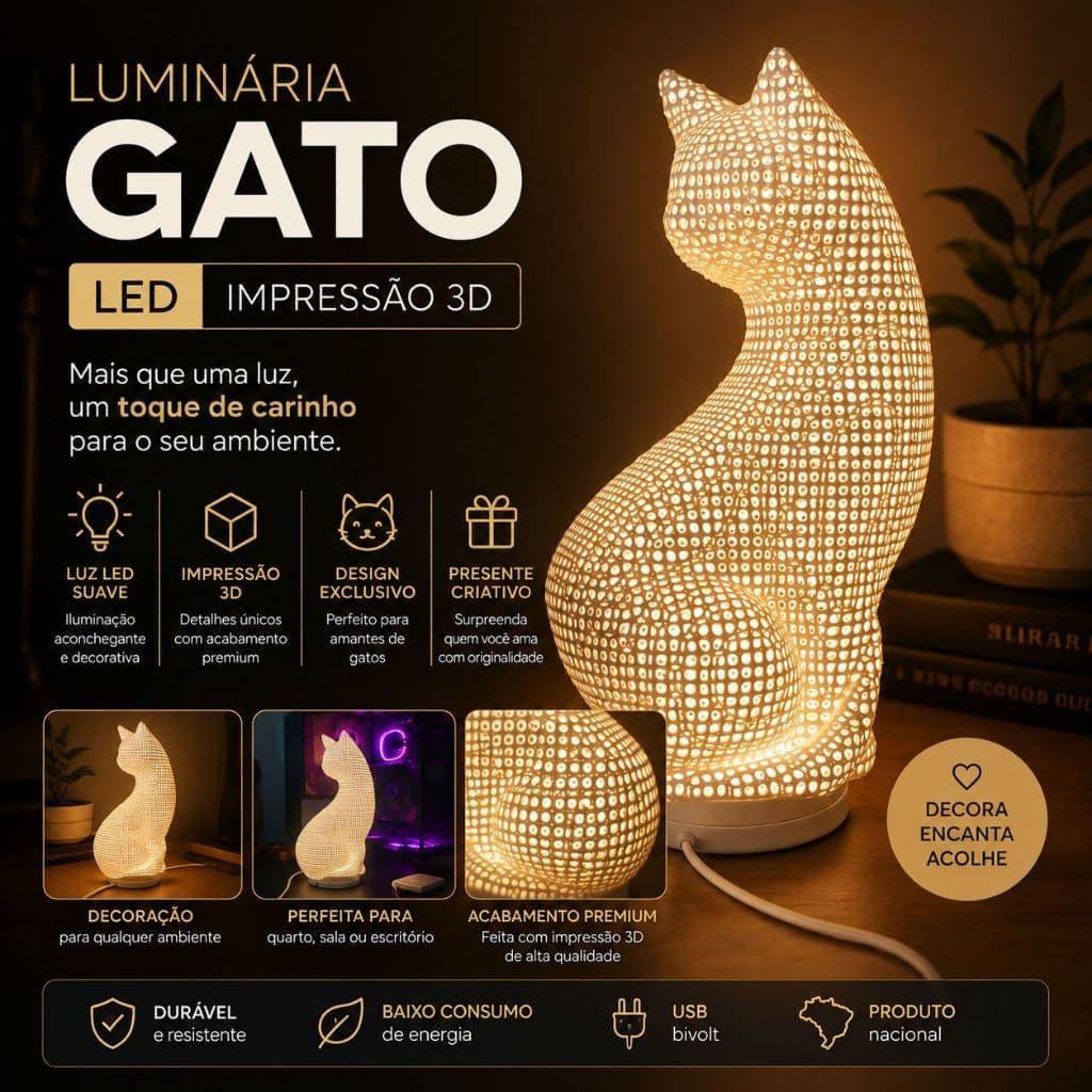 Luminária Abajur Gato LED Impressão 3D Decorativa Gatinho Presente Criativo