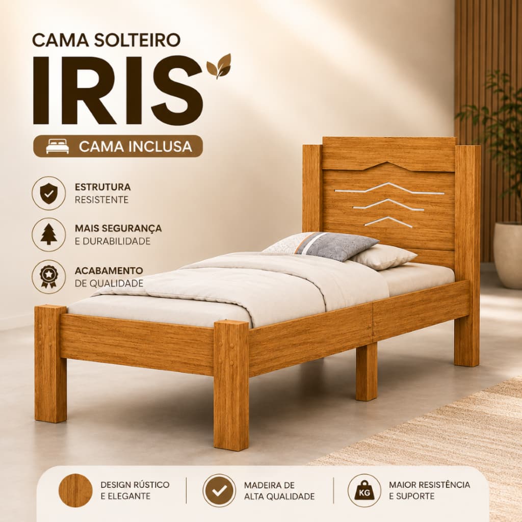 Cama de Solteiro Íris MDF para Colchão 188x88cm Com Colchão Resistente