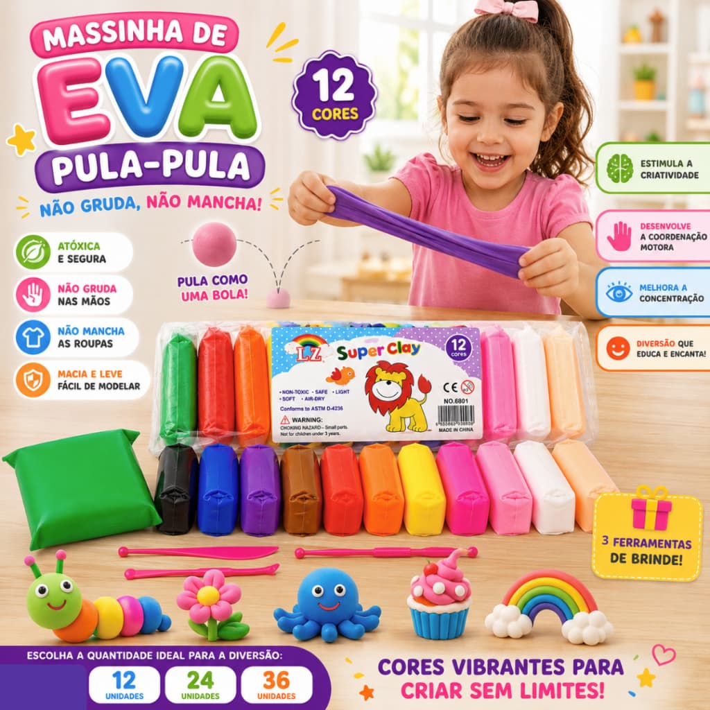 Kit Massinha Argila Pula Pula EVA Super Leve Atóxica 12 a 36un +  Ferramentas Brinquedo Educativo Infantil