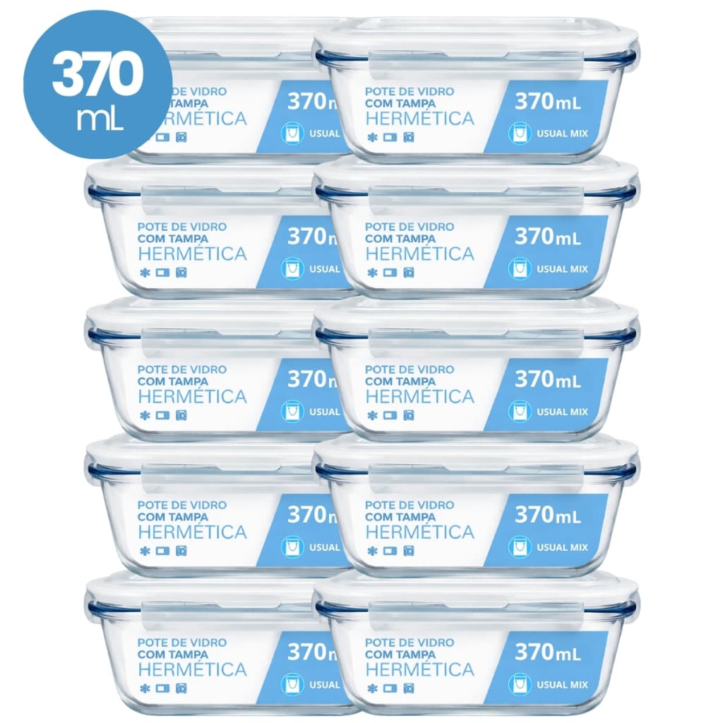 Kit 10 Pote Vidro Hermético Marmita 370ml Micro-ondas Freezer Forno Organização Geladeira