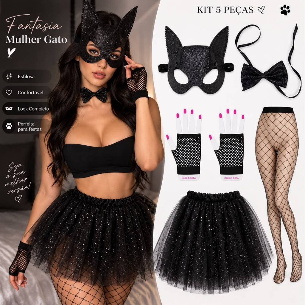 Fantasia Mulher Gato Feminina Kit 5 Peças Mascara Saia Tule Meia Arrastão Luva Gravata Festa Halloween Carnaval