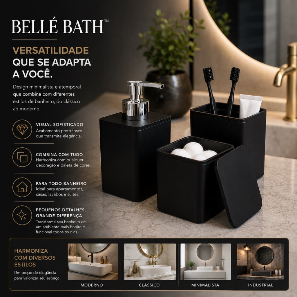 Kit Organizador Banheiro Dispenser Sabonete Liquido Porta Escova Dental Algodao Preto