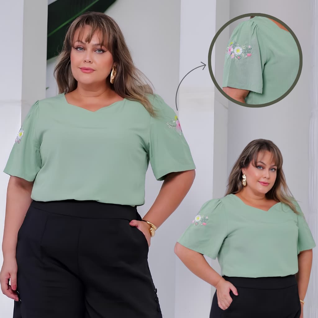 Blusa Feminina Plus Size Decote Princesa Manga Curta Bordada Floral Elegante Casual Chic