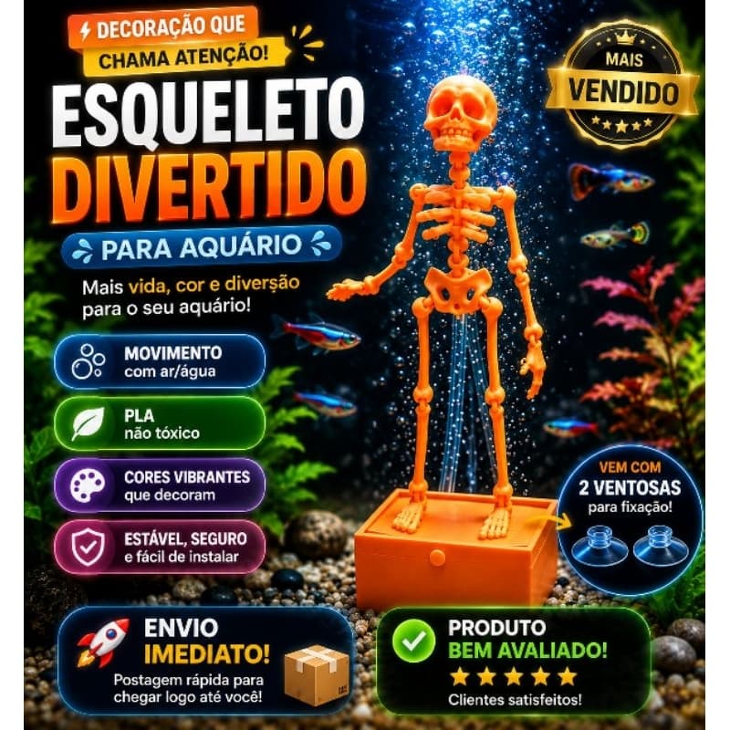 Esqueleto caveira Divertido para Aquário com Efeito de Bolhas – Decoração Criativa, diversão e alegria para toda casa