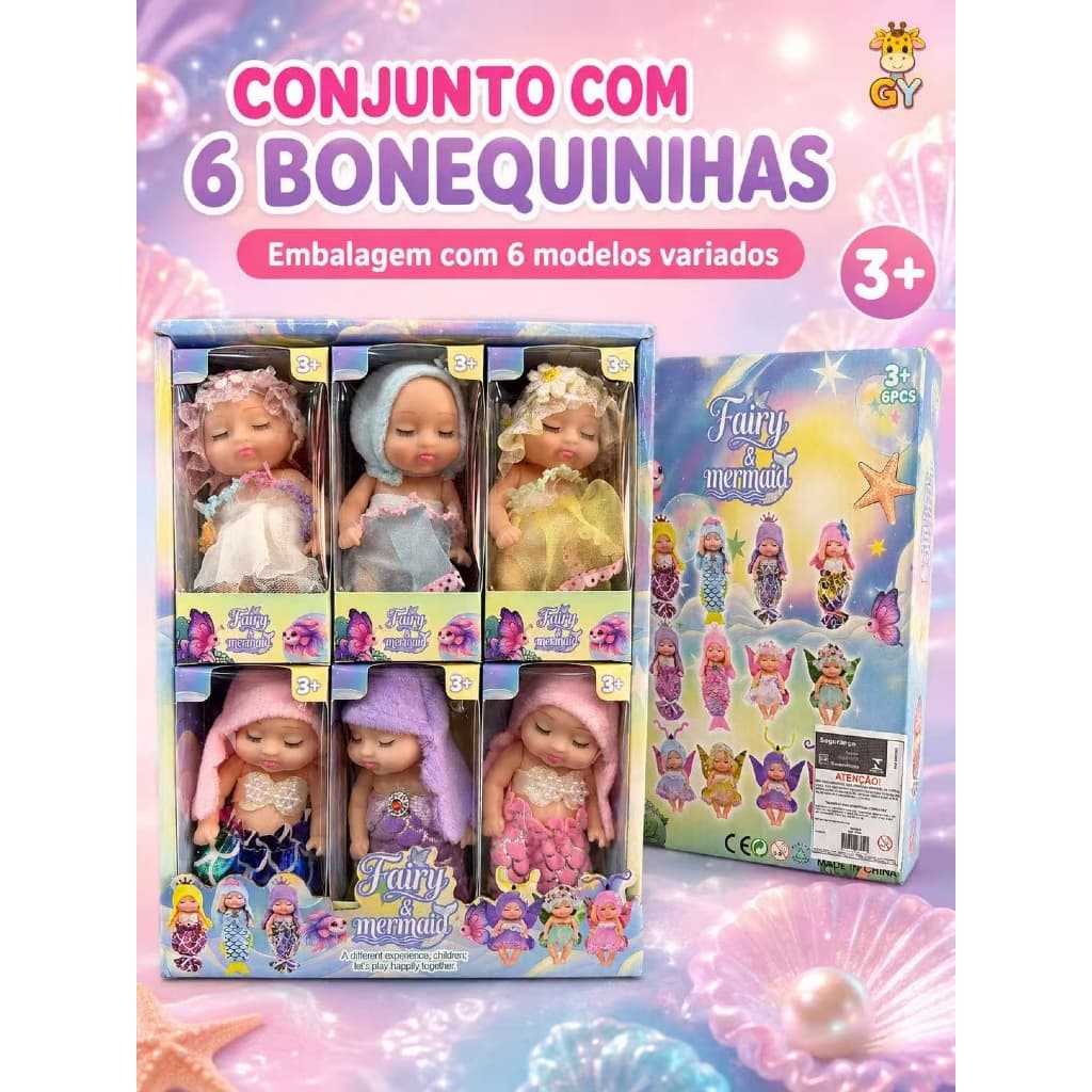Kit 6 Mini Bonecas Fadas e Sereias Fairy & Mermaid para Colecionar Brinquedo Infantil 3+