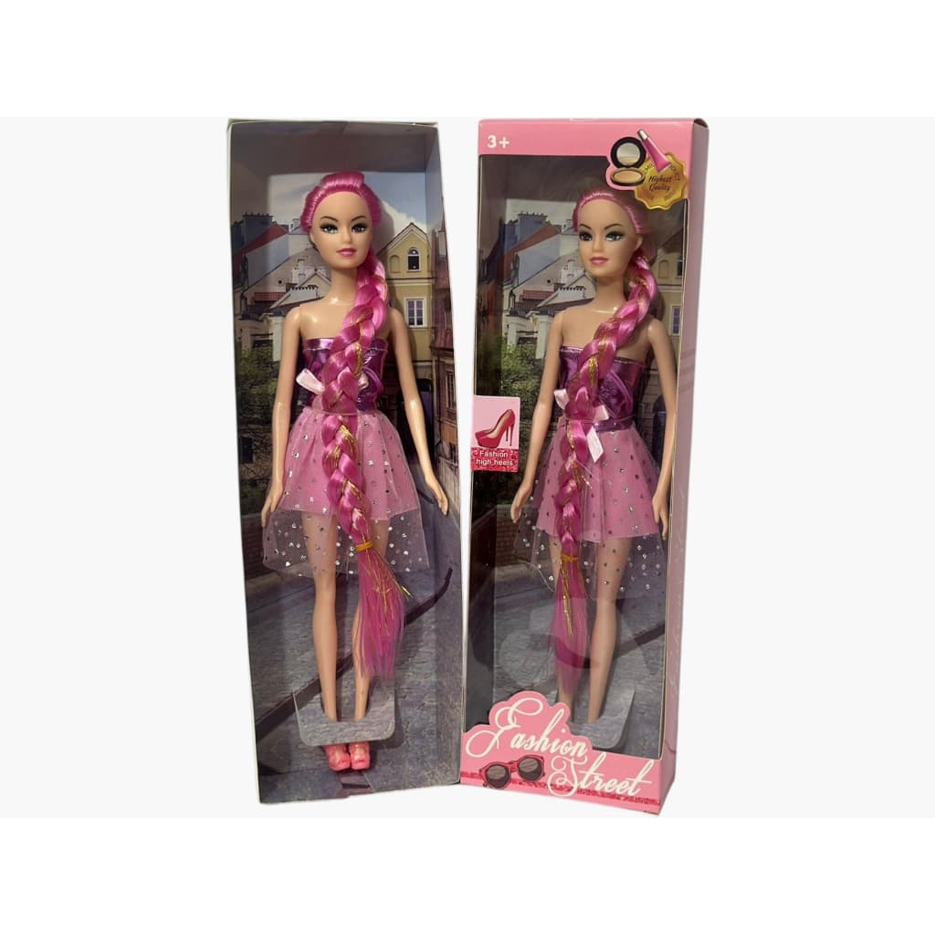 Boneca Infantil Fashion Street Cabelo Rosa com Trança Longa e Vestido com Brilho