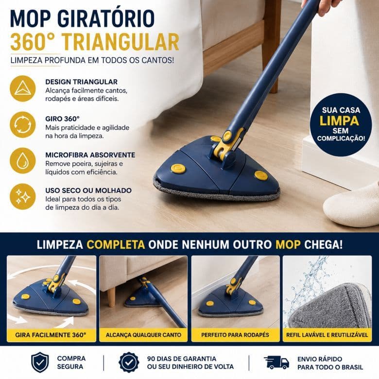 Mop Giratório 360° Triangular com Microfibra para Limpeza de Piso e Cantos