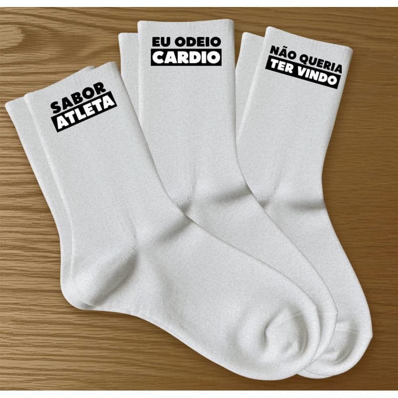 Meias Esportivas Brancas Kit 3 Pares Estampa Divertida Frases Academia Unissex Confortável