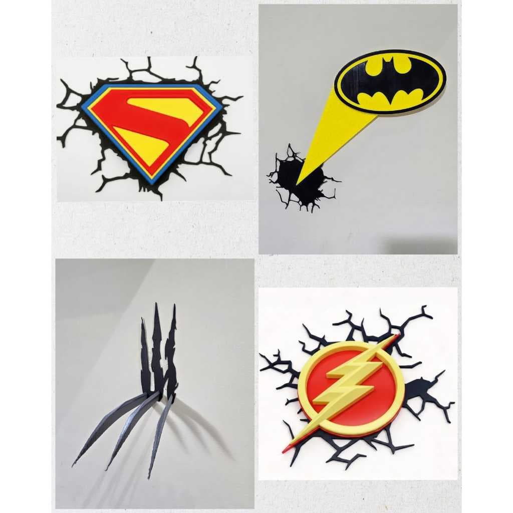 Decoração de Parede 3D Super man, Batman, Flash, Wolverine, Super Heróis 15cm Enfeite Geek Gamer Quarto Sala Escritório