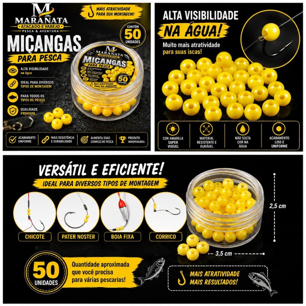 Miçangas para Pesca Amarela 50 Unidades Isca Montagem Chicote Anzol Boia