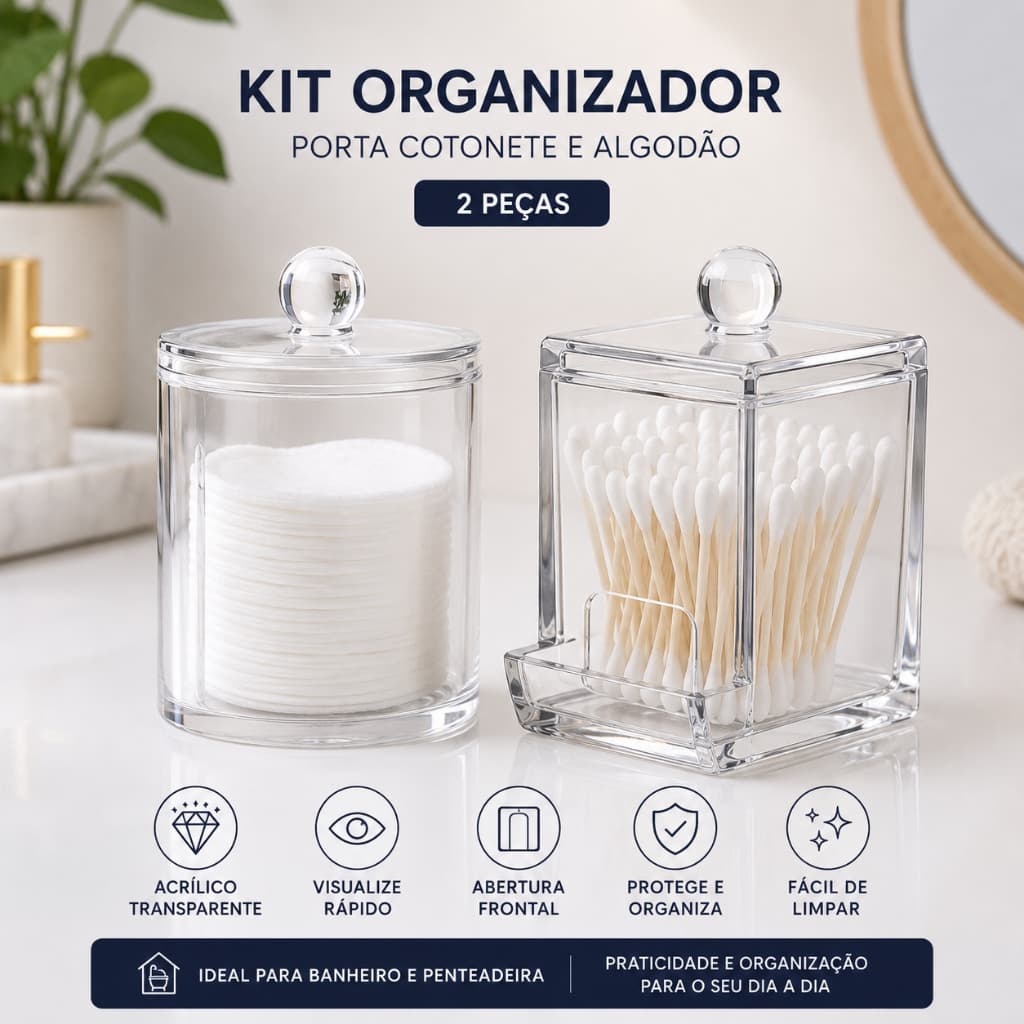 Kit Porta Cotonete e Algodão Acrílico Transparente com Tampa Organizador para Banheiro Penteadeira 2 Peças