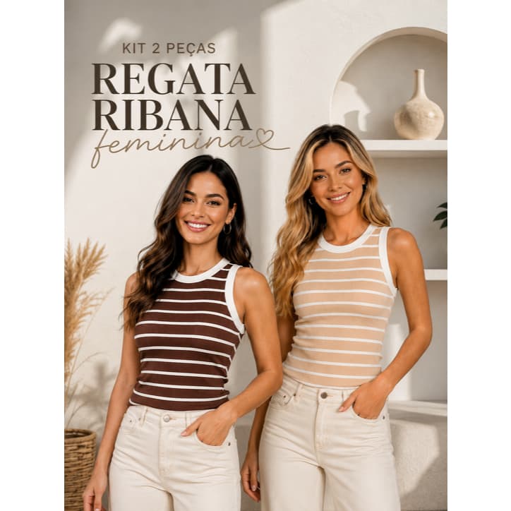 KIT 2 REGATAS LISTRADA RIBANA Feminina Bicolor Slim Básica Blusinha Algodão canelado Casual Tendencia Moda Verão