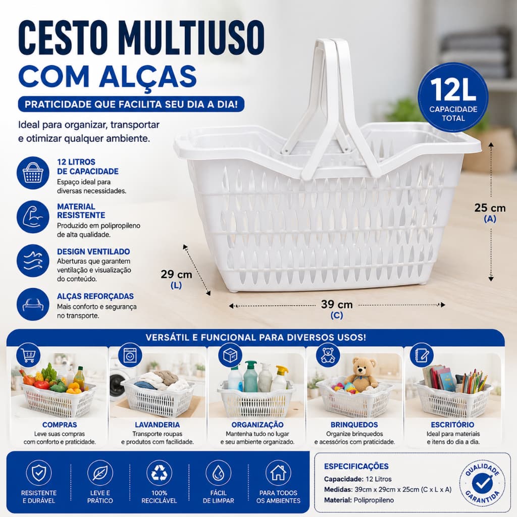 CESTO ORGANIZADOR 12L COM ALÇAS