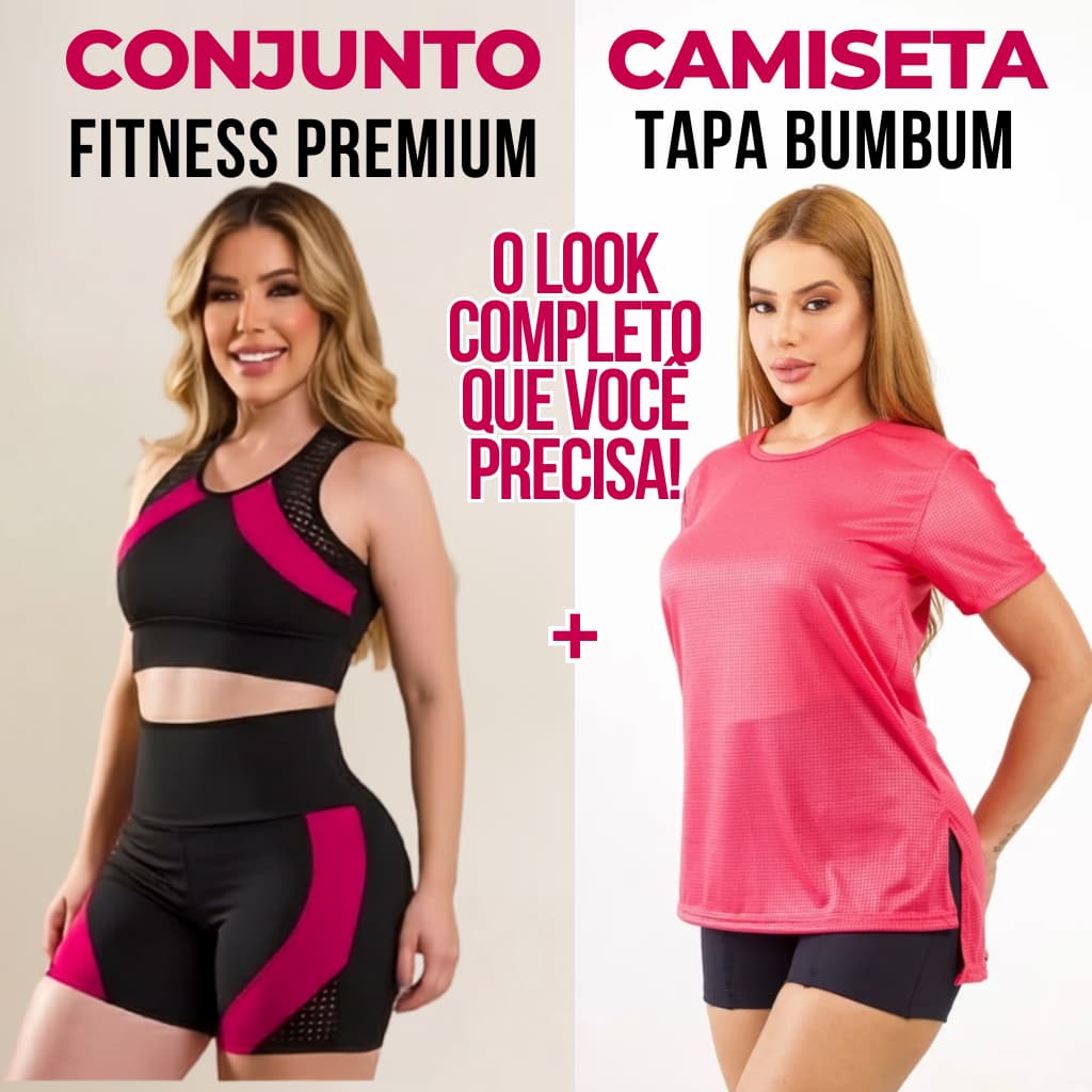 Kit Conjunto Academia Top e Short + Camiseta Tapa bumbum Dry Fit Feminino Fitness