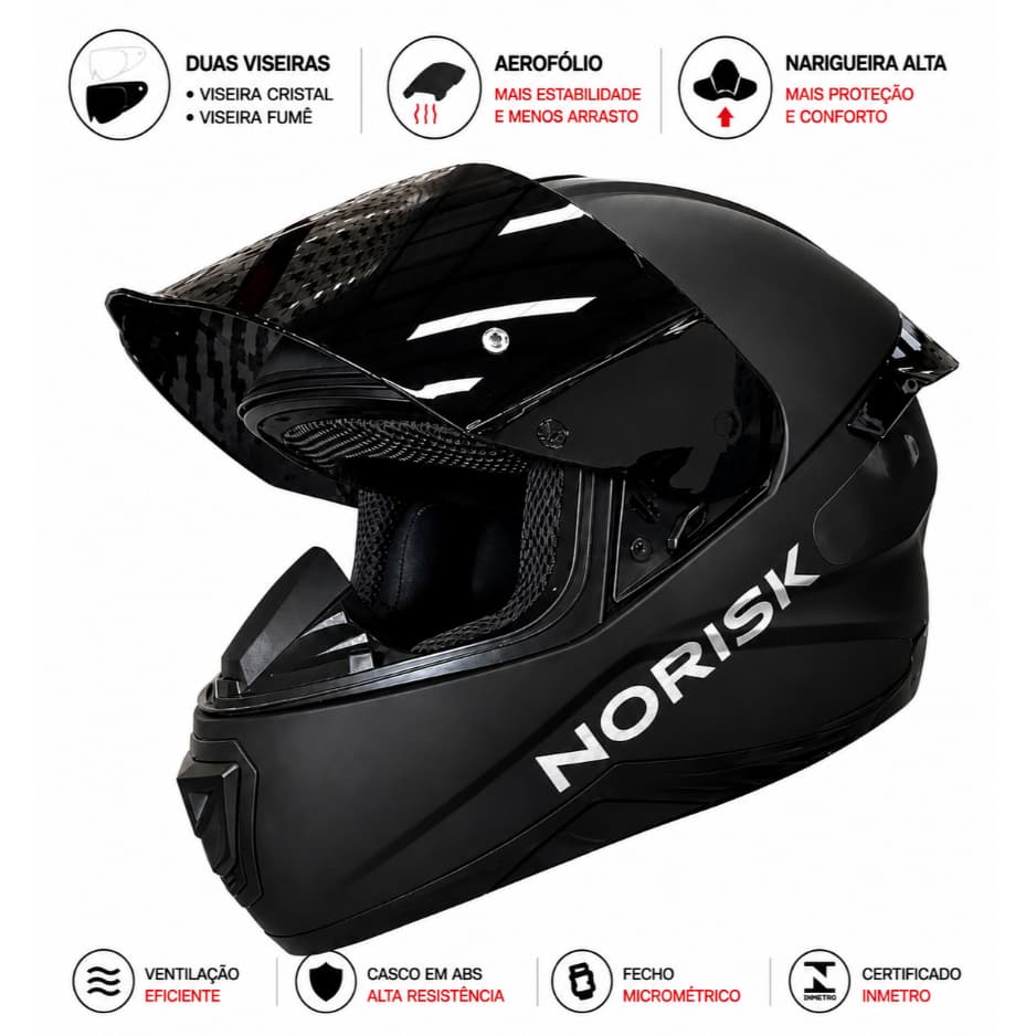 Capacete Moto Norisk Razor Black Edition Preto Fosco 2 Viseiras Fume Cristal + Aerofolio Narigueira