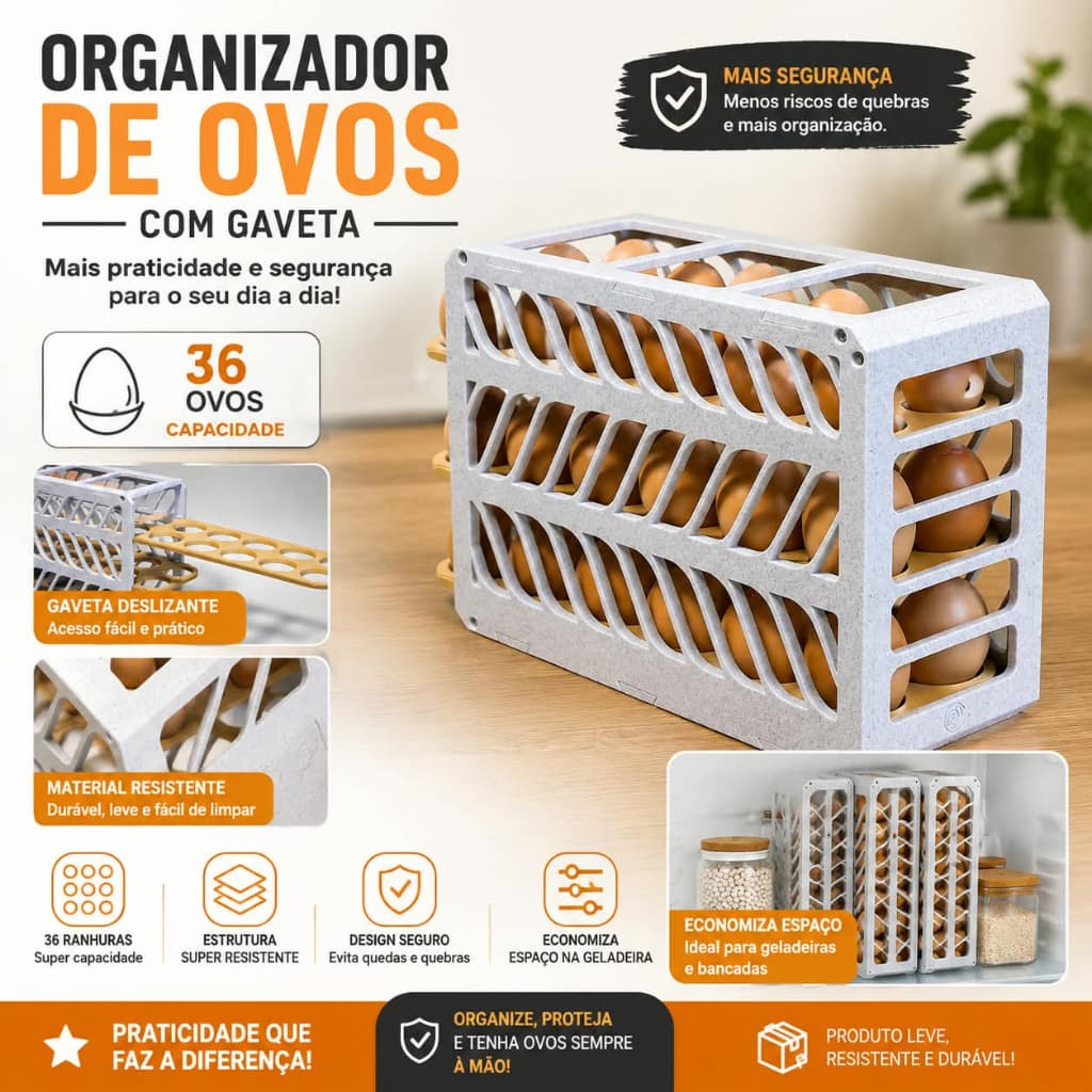 Organizador de Ovos 36 Unidades com Gavetas Deslizantes – Porta Ovos para Geladeira