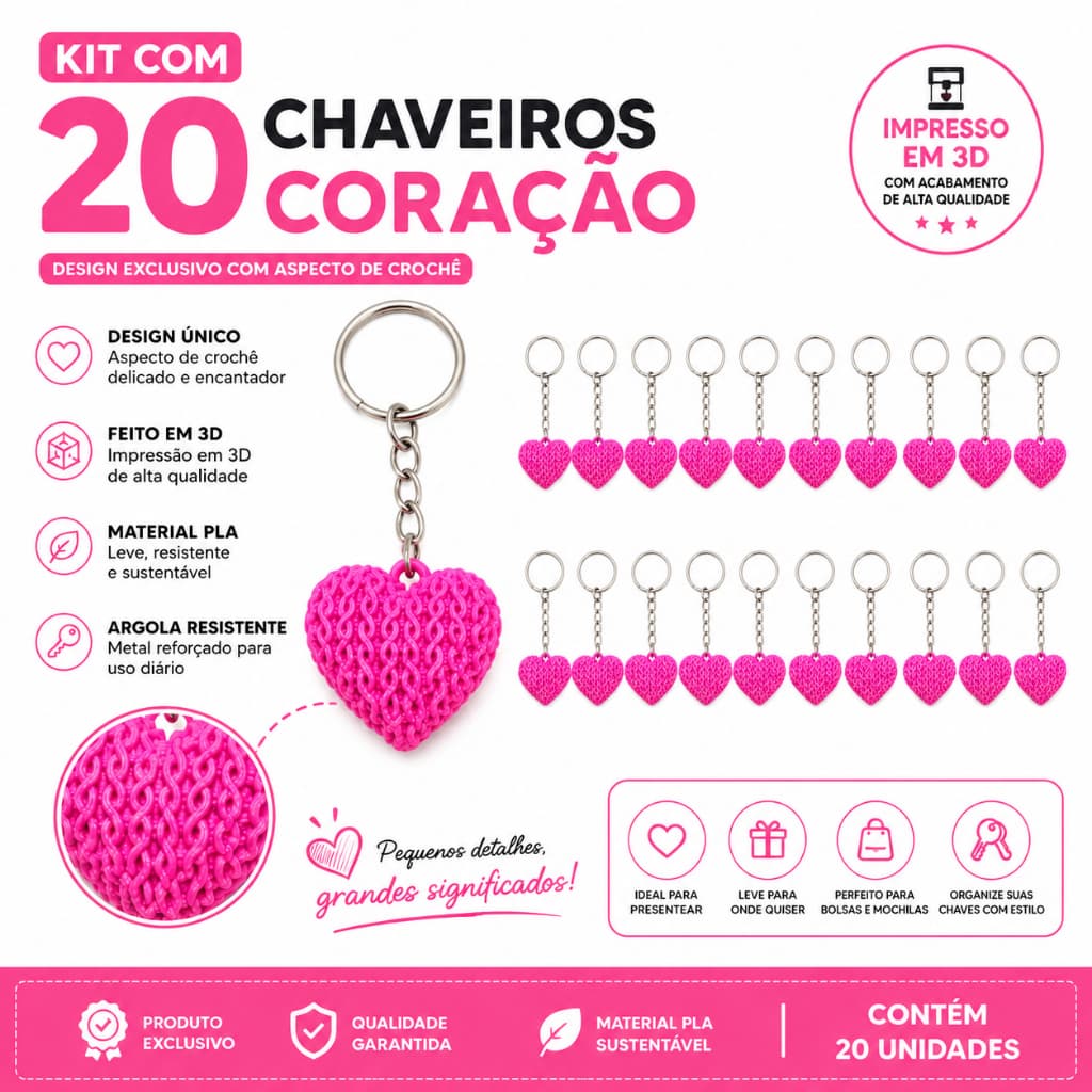 Kit 20 Chaveiro Coração Estilo Crochê Lembrancinha Brinde Com Argola Amor s2