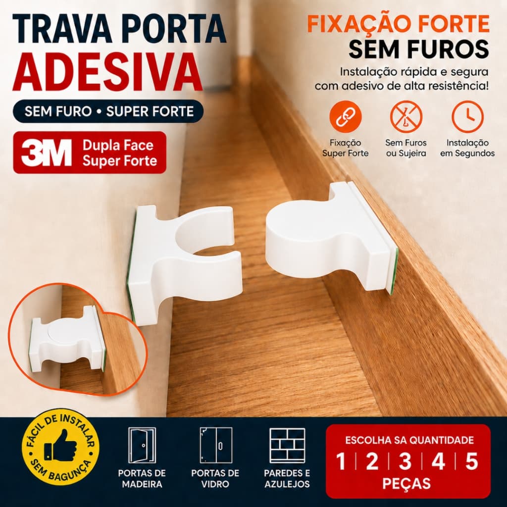 Fixador de Porta Adesivo 3M Prendedor Batente Dupla Face Forte Sem Furo Segura Anti Batida Reforçado