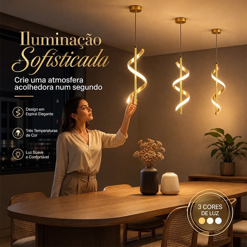 Luminária Pendente LED Espiral 3 Temperaturas de Cor Altura Ajustável Bivolt Ideal para Sala de Jantar e Cozinha