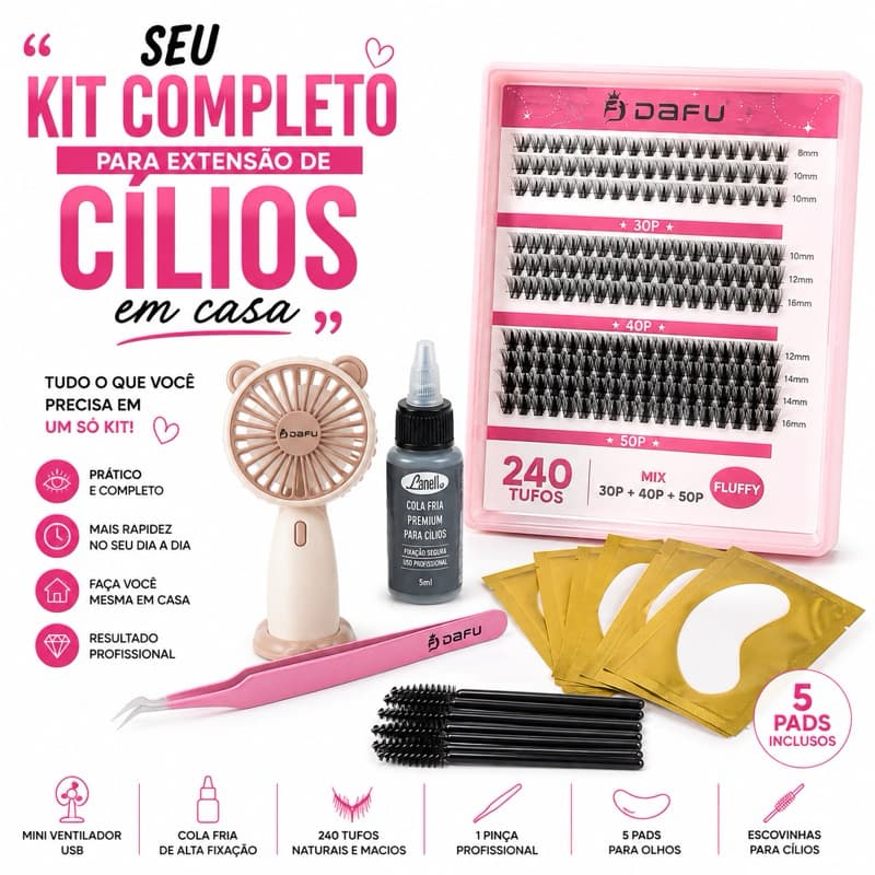 Kit Extensão de Cílios em Casa DAFU 240 Tufos Fluffy Mix 30P 40P 50P + Cola Fria, Mini Ventilador, Pinça, Pads e Escovas