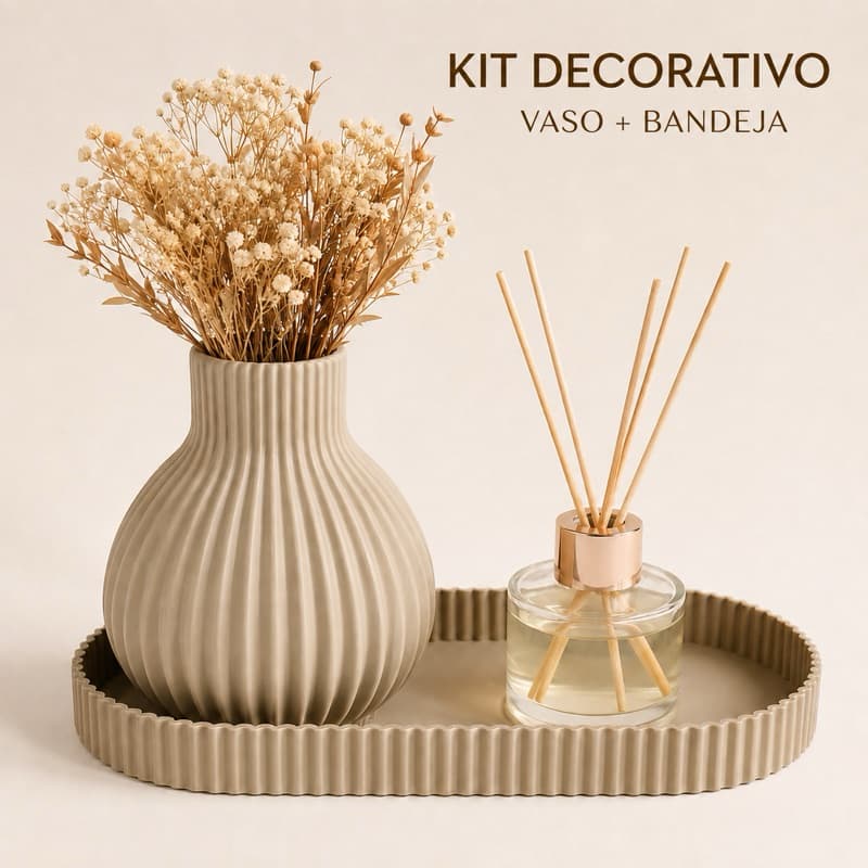Kit Decorativo Vaso com Bandeja Oval para Flores Secas Decoração Sala Lavabo Aparador