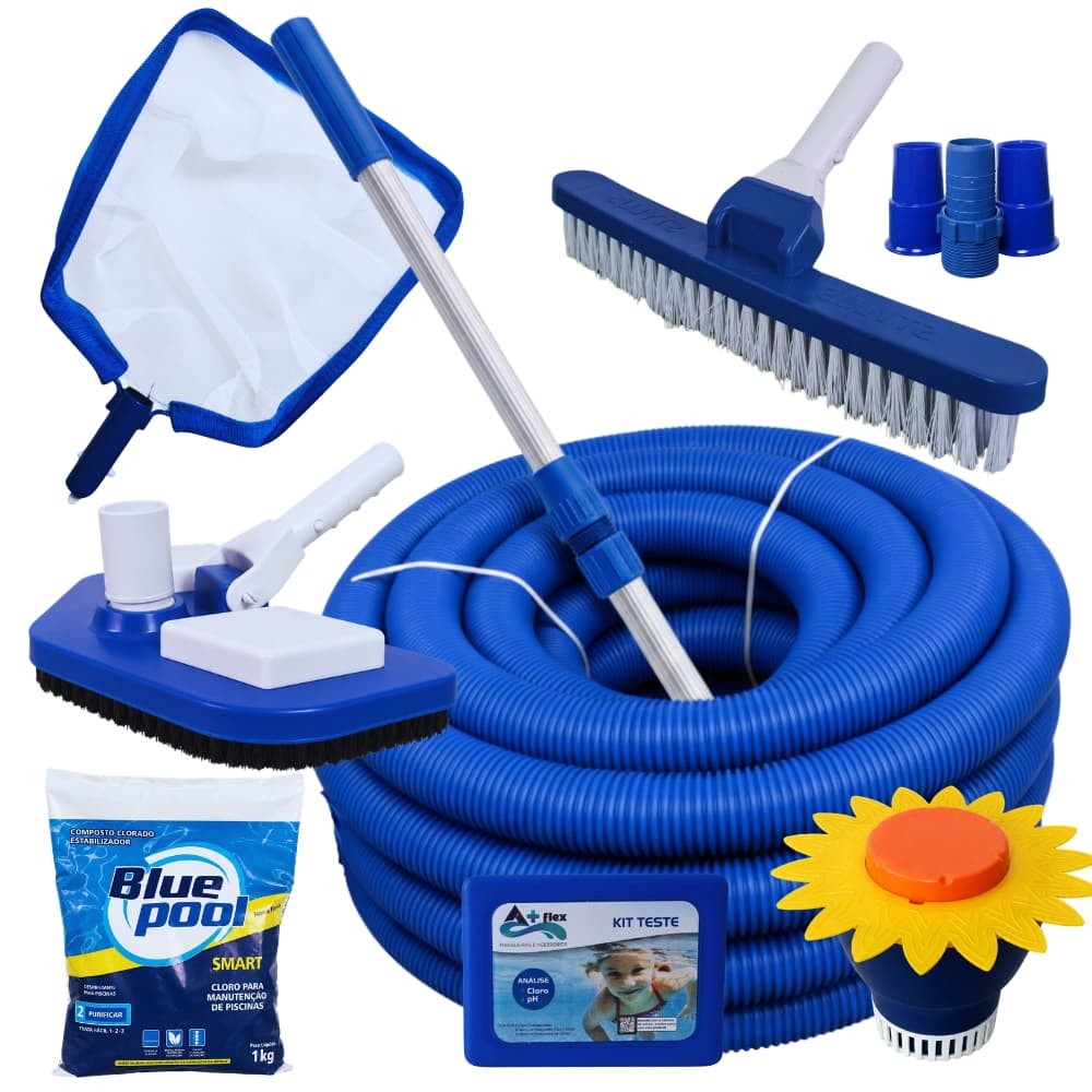 Kit Limpeza para Piscinas Completo + Cabo 2m + Mangueira 5m + Cloro 1kg + Clorador Girassol+ Estojo Cl/Ph