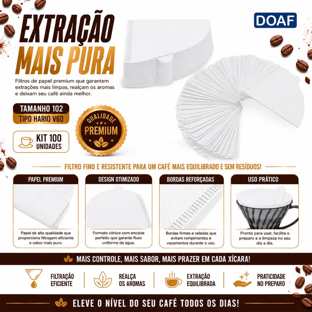 Kit 100 Filtros de Papel Tamanho 102 Tipo Hario V60 Passador de Café