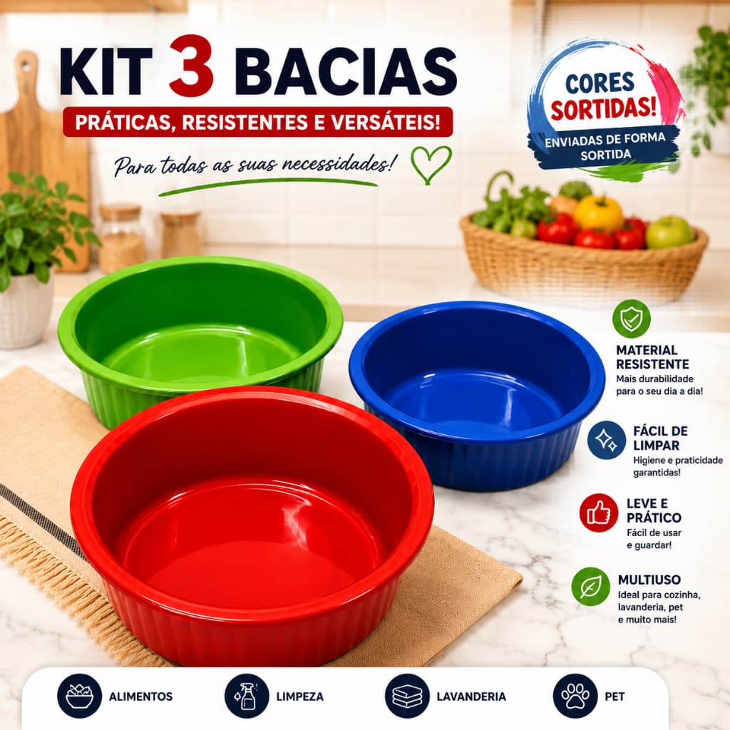 Jogo 3 Bacias Plásticas Multiuso 3 Tamanhos P M G Resistentes para Cozinha Limpeza Lavanderia