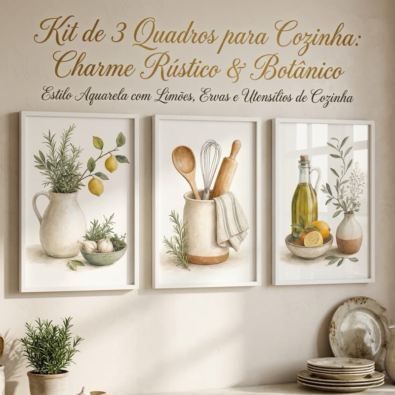 Kit de 3 Quadros para Cozinha: Charme Rústico & Botânico Estilo Aguarela com Limões, Ervas e Utensilios de Cozinha