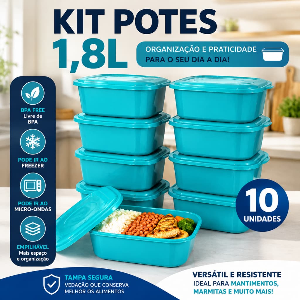 Kit Potes Plásticos 1,8 Litros Empilháveis Organizador de Alimentos Mantimentos Marmita Cozinha