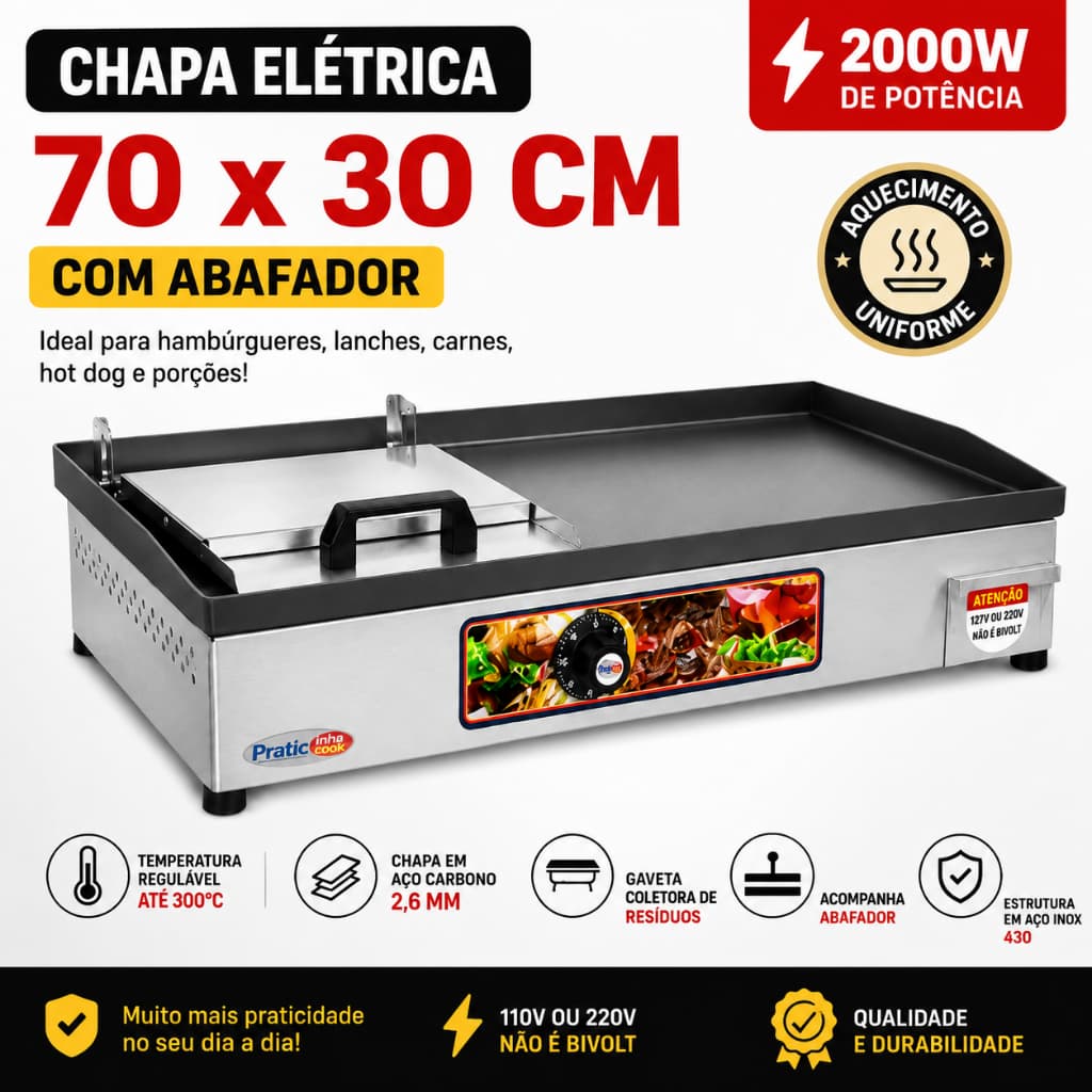 Chapa de Hambúrguer Profissional Elétrica 70x30 com Abafador Prensa 110V 220V para Lanches Hot Dog Pratic
