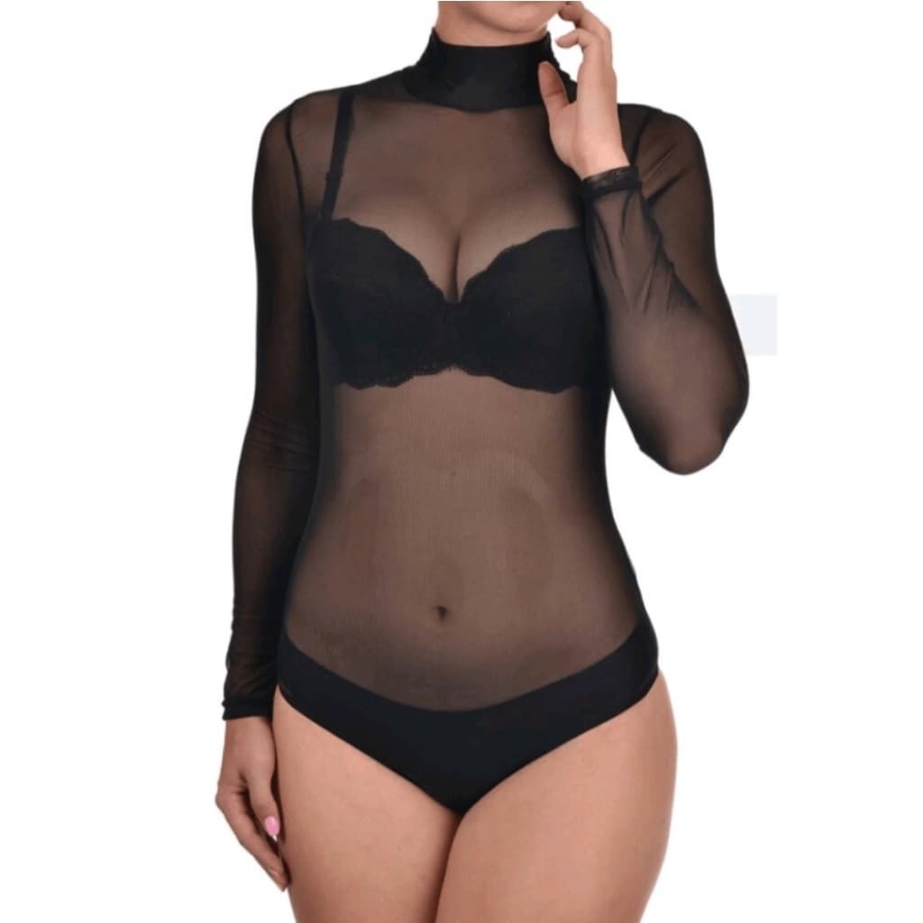 TULE GOLA ALTA BODY transparente manga longa